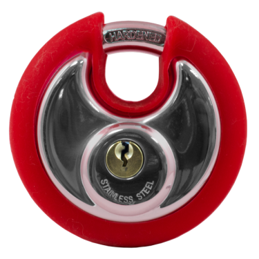 Click Here To Enlarge This Photo Of AS10472 - ASEC Coloured Discus Padlock 70mm KD Chrome Plated with Red Bumper