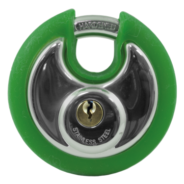 Click Here To Enlarge This Photo Of AS10475 - ASEC Coloured Discus Padlock 70mm KD Chrome Plated with Green Bumper