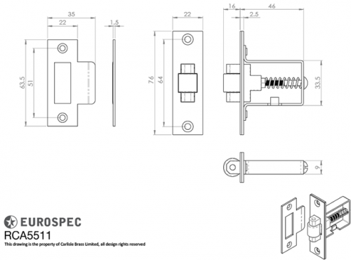 Click Here To Enlarge This Photo Of RCA5511SSS - Carlisle Brass Eurospec Heavy Duty Adjustable Roller Catch 76mm Satin Stainless Steel