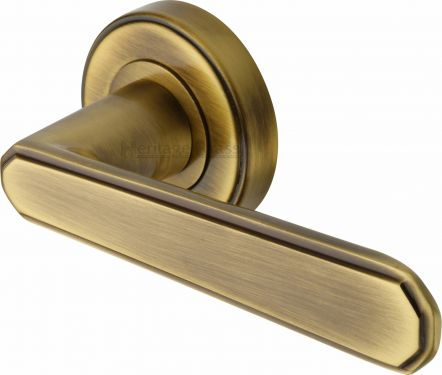 Click Here To Enlarge This Photo Of CEN1924-AT Heritage Brass Door Handle Lever Latch on Round Rose Century Design Antique Brass Finish