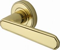CEN1924-PB Heritage Brass Door Handle Lever Latch on Round Rose Century Design Polished Brass Finish