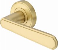 CEN1924-SB Heritage Brass Door Handle Lever Latch on Round Rose Century Design Satin Brass Finish