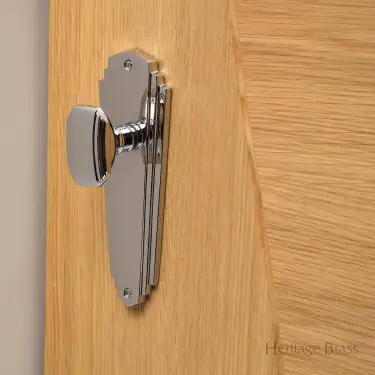 Click Here To Enlarge This Photo Of CHA1910-PC Heritage Brass Mortice Knob on Latch Plate Charlston Design Polished Chrome Finish