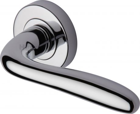 Click Here To Enlarge This Photo Of COL1762-PC Heritage Brass Door Handle Lever Latch on Round Rose Columbus Design Polished Chrome Finish