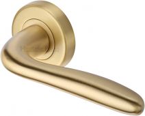 COL1762-SB Heritage Brass Door Handle Lever Latch on Round Rose Columbus Design Satin Brass Finish