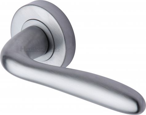 Click Here To Enlarge This Photo Of COL1762-SC Heritage Brass Door Handle Lever Latch on Round Rose Columbus Design Satin Chrome Finish