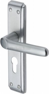 Click Here To Enlarge This Photo Of DEC3048-SC Heritage Brass Door Handle For Euro Profile Plate Deco Design Satin Chrome Finish