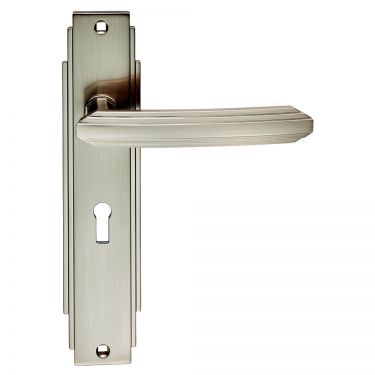 Click Here To Enlarge This Photo Of ADR011SN - Carlisle Brass Art Deco Lever on Lock Backplate Satin Nickel