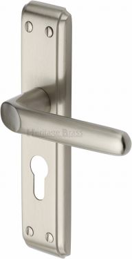 Click Here To Enlarge This Photo Of DEC3048-SN Heritage Brass Door Handle For Euro Profile Plate Deco Design Satin Nickel Finish