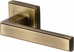 DEC5430-AT Heritage Brass Door Handle Lever Latch on Square Rose Linear Sq Design Antique Brass Finish