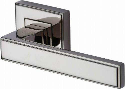 Click Here To Enlarge This Photo Of DEC5430-PNF Heritage Brass Door Handle Lever Latch on Square Rose Linear Sq Design Polished Nickel Finish