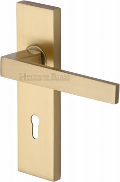 Click Here To Enlarge This Photo Of DEL6000-SB Heritage Brass Door Handle Lever Lock Delta Design Satin Brass Finish