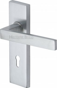 Click Here To Enlarge This Photo Of DEL6000-SC Heritage Brass Door Handle Lever Lock Delta Design Satin Chrome Finish