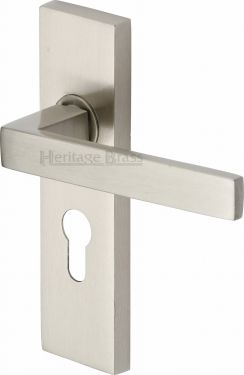 Click Here To Enlarge This Photo Of DEL6048-SN Heritage Brass Door Handle For Euro Profile Plate Delta Design Satin Nickel Finish