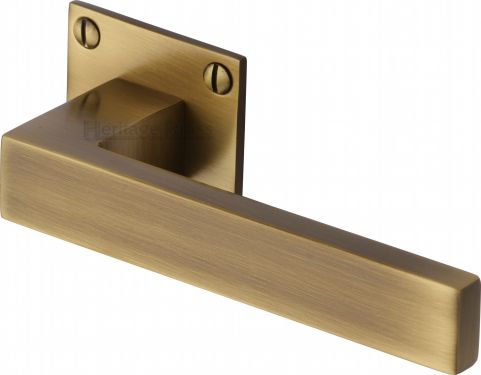 Click Here To Enlarge This Photo Of BAU1928-AT Heritage Brass Door Handle Lever Latch on Square Rose Delta Bh Design Antique Brass Finish
