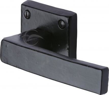 Click Here To Enlarge This Photo Of FB5410 M.Marcus Black Iron Rustic Door Handle Lever Latch on Square Rose Hanwood Design