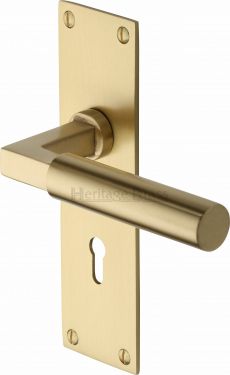 Click Here To Enlarge This Photo Of BAU7300-SB Heritage Brass Door Handle Lever Lock Bauhaus Design Satin Brass Finish