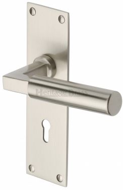 Click Here To Enlarge This Photo Of BAU7300-SN Heritage Brass Door Handle Lever Lock Bauhaus Design Satin Nickel Finish