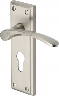 Click Here To Enlarge This Photo Of HIL8648-SN Heritage Brass Door Handle For Euro Profile Plate Hilton Design Satin Nickel Finish
