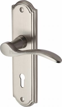 Click Here To Enlarge This Photo Of HOW1300-SN Heritage Brass Door Handle Lever Lock Howard Design Satin Nickel Finish