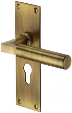Click Here To Enlarge This Photo Of BAU7348-AT Heritage Brass Door Handle For Euro Profile Plate Bauhaus Design Antique Brass Finish