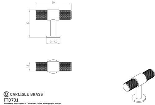 Click Here To Enlarge This Photo Of FTD701SB - Carlisle Brass Fingertip Design Knurled T-Bar Knob 50mm Satin Brass