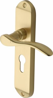 Click Here To Enlarge This Photo Of MAY7648-SB Heritage Brass Door Handle For Euro Profile Plate Maya Design Satin Brass Finish