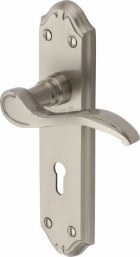 Click Here To Enlarge This Photo Of MM624-SN Heritage Brass Door Handle Lever Lock Verona Small Design Satin Nickel Finish