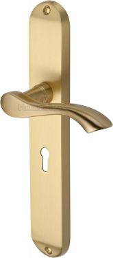 Click Here To Enlarge This Photo Of MM7200-SB Heritage Brass Door Handle Lever Lock Algarve Long Design Satin Brass Finish