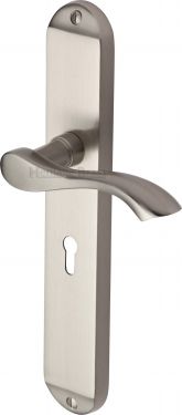 Click Here To Enlarge This Photo Of MM7200-SN Heritage Brass Door Handle Lever Lock Algarve Long Design Satin Nickel Finish