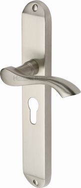 Click Here To Enlarge This Photo Of MM7248-SN Heritage Brass Door Handle For Euro Profile Plate Algarve Long Design Satin Nickel Finish