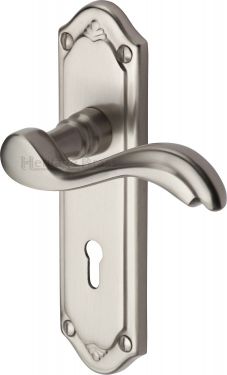 Click Here To Enlarge This Photo Of MM991-SN Heritage Brass Door Handle Lever Lock Lisboa Design Satin Nickel Finish