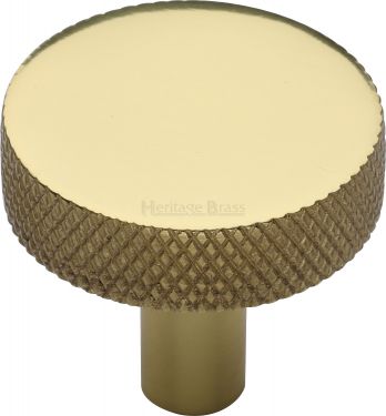 Click Here To Enlarge This Photo Of C3884 32-PB Heritage Brass Cabinet Knob Knurled Disc Design 32mm Polished Brass Finish