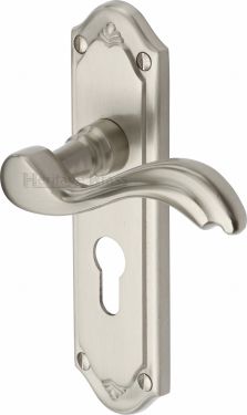 Click Here To Enlarge This Photo Of MM994.48-SN Heritage Brass Door Handle For Euro Profile Plate Lisboa Design Satin Nickel Finish