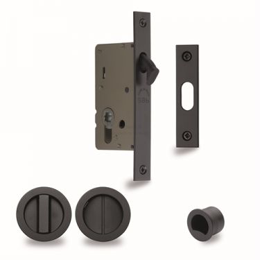 Click Here To Enlarge This Photo Of RD2308-40-BLK Heritage Brass Sliding Door Lock c/w Round Privacy Turns Matt Black (40mm Backset)