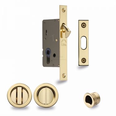 Click Here To Enlarge This Photo Of RD2308-40-PB Heritage Brass Sliding Door Lock c/w Round Privacy Turns Polished Brass (40mm Backset)