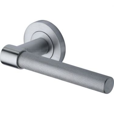 Click Here To Enlarge This Photo Of RS2018-SC Heritage Brass Door Handle Lever on Rose Phoenix Knurled Design Satin Chrome Finish