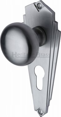 Click Here To Enlarge This Photo Of BR1848-SC Heritage Brass Mortice Knob on Euro Profile Plate Broadway Design Satin Chrome Finish