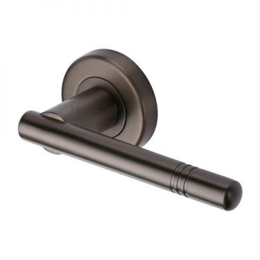 Click Here To Enlarge This Photo Of V2100-MB Heritage Brass Door Handle Lever Latch on Round Rose Alicia Design Matt Bronze Finish