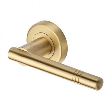 Click Here To Enlarge This Photo Of V2100-SB Heritage Brass Door Handle Lever Latch on Round Rose Alicia Design Satin Brass Finish