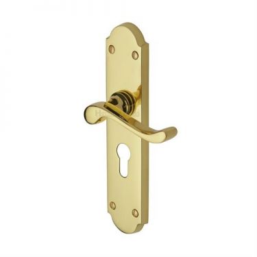 Click Here To Enlarge This Photo Of V757.48-PB Heritage Brass Door Handle For Euro Profile Plate Savoy Long Design Polished Brass Finish