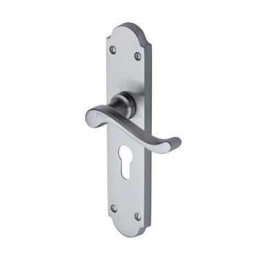 Click Here To Enlarge This Photo Of V757.48-SC Heritage Brass Door Handle For Euro Profile Plate Savoy Long Design Satin Chrome Finish