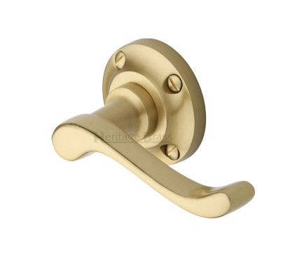 Click Here To Enlarge This Photo Of V820-SB Heritage Brass Door Handle Lever Latch on 57mm Round Rose Bedford Design Satin Brass Finish