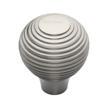 Click Here To Enlarge This Photo Of V974 32-SN Heritage Brass Cabinet Knob Reeded Design 32mm Satin Nickel Finish