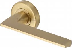 PYD3535-SB Heritage Brass Door Handle Lever Latch on Round Rose Pyramid Design Satin Brass Finish
