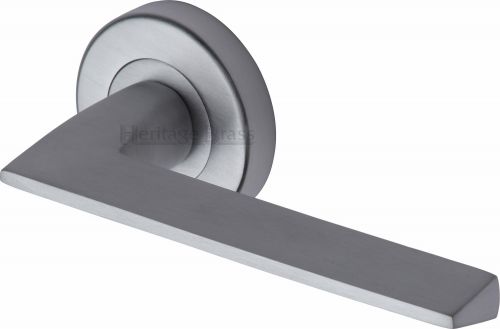 Click Here To Enlarge This Photo Of PYD3535-SC Heritage Brass Door Handle Lever Latch on Round Rose Pyramid Design Satin Chrome Finish
