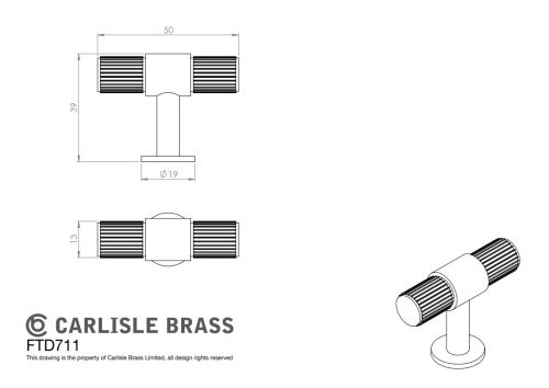 Click Here To Enlarge This Photo Of FTD711AB - Carlisle Brass Fingertip Design 'Lines' T-Bar Knob 50mm Antique Brass