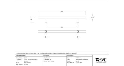 Click Here To Enlarge This Photo Of 50230 From The Anvil Satin SS (316) 1200mm T Bar Handle Secret Fix 32mm dia.