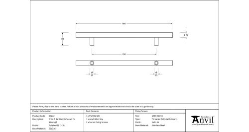Click Here To Enlarge This Photo Of 50242 From The Anvil Polished SS (316) 900mm T Bar Handle Secret Fix 32mm dia.