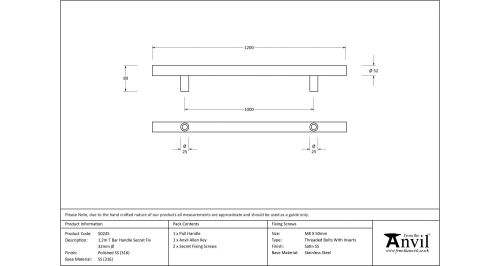 Click Here To Enlarge This Photo Of 50245 From The Anvil Polished SS (316) 1200mm T Bar Handle Secret Fix 32mm dia.